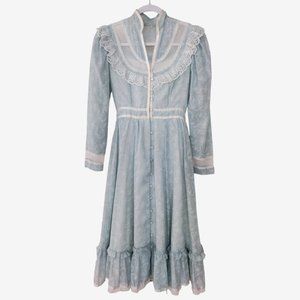 1970s Gunne Sax Blue Floral Victorian Mock Neck Button Down Prairie Dress